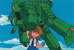  1980s_(style) armor artist_request backpack bag battle black_hair brown_hair carrying_overhead cloud cup daicon daicon_girl daicon_iii day dress female general_products lifting_person mecha missile missile_pod mobile_infantry necktie official_art picking_up postcard power_armor promotional_art randoseru retro_artstyle robot scan science_fiction short_hair shoulder_cannon size_difference skirt sky source_request starship_troopers traditional_media uchuu_no_senshi 