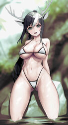  :d animal_ears antlers bikini black_eyes black_hair breasts eyelashes female happy highres hiragana_oufu horns large_breasts long_hair looking_at_viewer multicolored_hair navel open_mouth original ponytail smile solo swimsuit two-tone_hair very_long_hair white_hair 