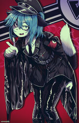  absurd_res anthro armband belt black_body black_cape black_clothing black_fur black_nose blue_eyes blue_hair canid canine cape clothing collar_tag cross femboy fox fur gesture hair hand_gesture hat headgear headwear hi_res iron_cross leather leather_clothing male mammal marble_fox military_cap military_uniform moisha_(tweenstrip) nazi nazi_flag nazi_uniform necktie open_mouth partieiadler red_fox skull_and_crossbones smoke solo tail totenkopf true_fox tweenstrip uniform v_sign whip white_body white_fur 