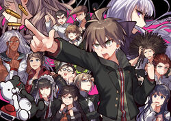  6+boys 6+girls ahoge arm_up asahina_aoi bad_id bad_pixiv_id black_hair black_jacket black_ribbon blue_eyes braid brown_hair brown_hoodie bullet celestia_ludenberg claw_ring clenched_teeth commentary_request covering_own_mouth danganronpa:_trigger_happy_havoc danganronpa_(series) dark-skinned_female dark_skin enoshima_junko everyone facial_hair fat fat_man floating floating_object fujisaki_chihiro fukawa_toko glasses green_eyes hagakure_yasuhiro hair_ornament hair_ribbon hair_up hairclip highres hood hoodie ikusaba_mukuro ishimaru_kiyotaka jacket kirigiri_kyoko kuwata_leon long_hair maizono_sayaka monokuma multiple_boys multiple_girls muscular muscular_female naegi_makoto necktie ogami_sakura open_mouth otoko_no_ko owada_mondo pointing purple_eyes red_hair ribbon scar scar_on_face school_uniform serafuku short_hair smile spiked_hair sumeshiruko sweat teeth togami_byakuya twin_braids twintails upper_body very_short_hair white_hair white_jacket yamada_hifumi 