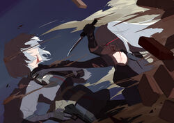  2girls absurdres ak-15_(girls&#039;_frontline) battle blood brick cy9 girls&#039;_frontline glowing glowing_eye gun handgun highres holding holding_knife knife medium_hair multiple_girls rpk-16_(girls&#039;_frontline) short_hair smile spoilers weapon white_hair 