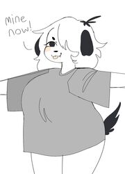  2022 :3 anthro big_shirt biped black_ears black_eyebrows black_nose black_tail bottomless canid canine canis clothed clothing cute_fangs dialogue digital_media_(artwork) domestic_dog english_text eyebrows female floppy_ears front_view fur grey_clothing grey_shirt grey_t-shirt grey_topwear hair hair_over_eye hi_res looking_at_clothing looking_at_object mammal monotone_body monotone_clothing monotone_fur monotone_hair monotone_shirt monotone_topwear no_shading one_eye_obstructed open_mouth oversized_clothing oversized_shirt oversized_topwear partially_clothed pepper_(puppkittyfan1) pink_cheeks pink_tongue portrait puppkittyfan1 shirt simple_background solo spread_arms standing t-shirt tail text three-quarter_portrait tongue tongue_out topwear white_background white_body white_fur 