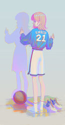  absurdres alternate_color ball basketball basketball_(object) basketball_jersey blue_eyes blue_footwear blue_shirt bob_cut brown_hair chromatic_aberration female from_behind full_body high_tops highres jersey kenharu long_sleeves looking_back medium_hair original shaded_face shadow shirt shoes shorts sneakers socks solo standing unworn_shoes w_arms white_footwear white_shorts white_socks wooden_floor 