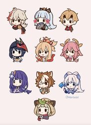  3boys 6+girls :&lt; :3 ahoge animal_ears animal_hood bad_id bad_twitter_id bird_mask black_hair blonde_hair blue_hair blunt_bangs bow-shaped_hair braid brown_hair chibi closed_mouth commentary crossed_bangs dog_boy dog_ears english_commentary fish genshin_impact gorou_(genshin_impact) grey_hair hair_between_eyes hair_ornament hair_ribbon hand_fan headband highres holding holding_fan hood hood_up japanese_clothes kaedehara_kazuha kamisato_ayaka kujou_sara leaf leaf_on_head light_brown_hair long_hair mask mask_on_head melanbread mole mole_under_eye multicolored_hair multiple_boys multiple_girls one_eye_closed open_mouth pink_background pink_hair ponytail purple_hair raiden_shogun ribbon sangonomiya_kokomi sarashi sayu_(genshin_impact) short_hair simple_background single_braid smile streaked_hair thoma_(genshin_impact) tress_ribbon twitter_username white_hair yae_miko yoimiya_(genshin_impact) 