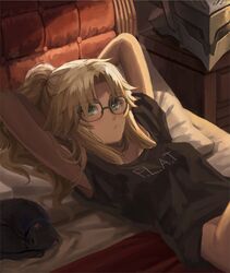  bad_id bad_twitter_id black-framed_eyewear black_cat black_shirt blonde_hair blush bottomless closed_mouth fate/apocrypha fate_(series) feline female flat_chest_joke glasses green_eyes hands_up helmet highres looking_at_viewer lying mordred_(fate) mordred_(fate/apocrypha) naked_shirt on_back ponytail shirt solo tonee unworn_headwear unworn_helmet 