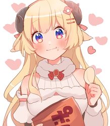  animal_ears bad_id bad_twitter_id bag_of_chips blonde_hair blue_eyes blush breasts chips_(food) crumbs eating female food food_on_face heart highres hololive horns long_hair looking_at_viewer medium_breasts potato_chips sheep_ears sheep_girl sheep_horns smile solo tamawo_(mu_gi2) tsunomaki_watame tsunomaki_watame_(1st_costume) upper_body virtual_youtuber white_background 