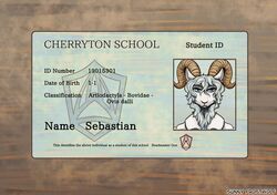  absurd_res anthro beastars bighorn_sheep blue_eyes bovid bust_portrait caprine clothed clothing colored crossdressing dall_sheep english_text fan_character femboy fur hi_res horn id_card id_number identification insignia male mammal number portrait school_uniform sebastian_(greatlizardwizard) sheep smile solo student sunny_frostwolf text uniform white_body white_fur white_wool wool_(fur) 