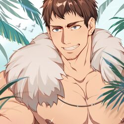  1boy adam&#039;s_apple animal ardbert_(ff14) bara bird blue_eyes brown_hair collarbone final_fantasy final_fantasy_xiv flying fur_trim highres jiecaoxiong leaf light_rays male_focus muscular muscular_male nipple_piercing parted_lips piercing plant shiny shiny_skin smile solo teeth upper_body 