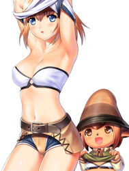  1boy :d :o adventurer_(ff11) armpits arms_up belt belt_buckle black_bra blonde_hair blue_eyes blue_shorts bra breasts brown_belt brown_eyes brown_hair brown_headwear buckle cleavage clothes_lift collarbone female final_fantasy final_fantasy_xi hair_between_eyes hat hume medium_breasts midriff multicolored_clothes multicolored_shorts navel neck_ribbon open_mouth orange_ribbon pointy_ears ribbon shirt_lift short_hair short_shorts shorts simple_background smile strapless strapless_bra taisai_soft tarutaru two-tone_bra underwear white_background white_bra white_shorts yellow_shorts 