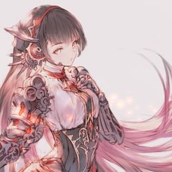  android armor black_hair breasts closed_mouth commentary dress female gears gem hair_ornament highres joints long_hair looking_at_viewer mono_(shadowverse) n.a. red_eyes robot_joints shadowverse solo symbol-only_commentary 