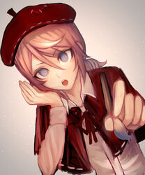  1boy :o bad_id bad_pixiv_id beret blue_eyes brown_hair capelet collared_shirt commentary edgar_valden empty_eyes eyes_visible_through_hair foreshortening hair_between_eyes hat head_rest head_tilt highres holding holding_paintbrush identity_v komatsuzaki_rui_(style) light_particles long_hair long_sleeves looking_at_viewer male_focus paintbrush painting_(action) parody red_hat shirt solo style_parody teeth upper_body upper_teeth_only wamigakiko white_shirt 