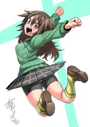  arms_up ass bike_shorts black_skirt borrowed_character breasts brown_eyes brown_footwear brown_hair character_name commentary_request female full_body green_jacket hair_between_eyes hair_ornament hairclip hizato_akari jacket jumping loafers long_hair long_sleeves looking_at_viewer looking_back open_mouth original plaid plaid_skirt shoes skirt socks solo teeth tongue tukiwani yellow_socks 