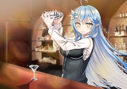  absurdres ahoge alternate_costume arms_up bad_id bad_twitter_id bar_(place) bartender black_vest blue_hair blurry blurry_background blush bottle braid breasts cocktail_glass cocktail_shaker collarbone colored_tips commentary cup drinking_glass elf female flower french_braid glint hair_between_eyes hair_flower hair_ornament half_updo heart heart_ahoge highres holding_shaker hololive indoors long_hair long_sleeves looking_at_viewer medium_breasts multicolored_hair pointy_ears shelf shirt sidelocks smile solo sparkling_eyes streaked_hair tsukito_5555 v-shaped_eyebrows vest virtual_youtuber white_shirt yellow_eyes yukihana_lamy 