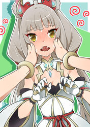  @_@ absurdres animal_ears blush bracelet breasts brown_eyes cat_ears chest_jewel cleavage facial_mark fangs female gloves grey_hair hands_on_another&#039;s_face highena highres jewelry looking_at_viewer nia_(blade)_(xenoblade) nia_(xenoblade) open_mouth pov solo_focus whisker_markings xenoblade_chronicles_(series) xenoblade_chronicles_2 