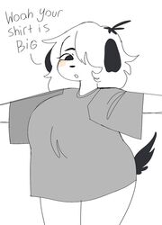  2022 :o anthro big_shirt biped black_ears black_eyebrows black_nose black_tail bottomless canid canine canis clothed clothing dialogue digital_media_(artwork) domestic_dog english_text eyebrows female floppy_ears front_view fur grey_clothing grey_shirt grey_t-shirt grey_topwear hair hair_over_eye hi_res looking_at_clothing looking_at_object mammal monotone_body monotone_clothing monotone_fur monotone_hair monotone_shirt monotone_topwear no_shading one_eye_obstructed open_mouth oversized_clothing oversized_shirt oversized_topwear partially_clothed pepper_(puppkittyfan1) pink_cheeks portrait puppkittyfan1 shirt simple_background solo spread_arms standing surprised_expression t-shirt tail text three-quarter_portrait topwear white_background white_body white_fur 