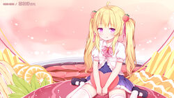  bad_id bad_pixiv_id blonde_hair blush candy female flat_chest flocflower food fruit highres original sweets thighhighs twintails 