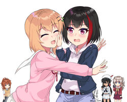  5girls :d ^_^ asahigaoka_school_uniform bang_dream! belt black_coat black_eyes black_hair black_skirt blue_eyes blue_jacket blush bob_cut bow bowtie brown_belt brown_hair brown_sweater camcorder camera carrying_over_shoulder charlotte_(anime) cheek_press closed_eyes coat collared_shirt commentary_request cowboy_shot crossover dark-skinned_female dark_skin denim denim_shorts drawstring girls_und_panzer gochuumon_wa_usagi_desu_ka? grey_hair hair_between_eyes hair_ornament hair_over_one_eye hairclip hat_feather high_ponytail highres holding holding_camera holding_clothes holding_coat hood hood_down hoodie hoshinoumi_academy_school_uniform hoto_cocoa hoto_cocoa&#039;s_school_uniform imminent_hug jacket jitome kimi_tsuru koshigaya_natsumi long_hair long_sleeves looking_at_another medium_hair midriff mitake_ran multicolored_hair multiple_crossover multiple_girls navel neck_ribbon neckerchief non_non_biyori ogin_(girls_und_panzer) ooarai_naval_school_uniform open_mouth orange_hair pink_serafuku pleated_skirt ponytail purple_eyes pushing_away pushing_face red_bow red_hair red_ribbon red_serafuku red_skirt ribbon sailor_collar sakura_ayane school_uniform serafuku shirt short_hair short_sleeves shorts sidelocks signature simple_background skirt smile smoking_pipe standing streaked_hair sweater sweater_vest tomori_nao twitter_username two_side_up video_camera voice_actor_connection white_background white_hoodie white_sailor_collar white_serafuku white_shirt white_skirt yellow_bow yellow_bowtie 