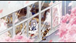  blue_dress blurry blurry_foreground chair cherry_blossoms classroom desk dress feline female from_outside grey_hair highres idolmaster idolmaster_shiny_colors letterboxed long_hair long_sleeves looking_outside pinafore_dress purple_eyes school_desk sitting sleeveless sleeveless_dress twintails waving window writing yadokugaeru yukoku_kiriko 