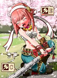  alternate_costume bad_id bad_twitter_id bare_shoulders blush breasts cherry_blossoms closed_eyes club_(weapon) female fire_emblem fire_emblem_fates grass heavy highres holding holding_weapon kanabou misterror open_mouth outdoors petals sakura_(fire_emblem) small_breasts solo spiked_club struggling weapon 