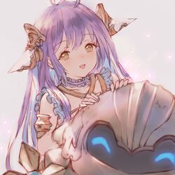  1other :d aenea_(shadowverse) android blue_eyes blush brown_eyes collar commentary female frilled_collar frills hair_between_eyes headgear highres long_hair looking_at_viewer n.a. open_mouth purple_hair robot roly-poly_mk_ii_(shadowverse) shadowverse smile symbol-only_commentary very_long_hair 