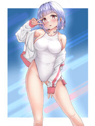  blue_eyes breasts colored_inner_hair commentary_request competition_swimsuit feet_out_of_frame female grey_hair highleg highleg_swimsuit highres jacket large_breasts mashinatsu multicolored_hair one-piece_swimsuit open_clothes open_jacket orange_eyes original pink_hair solo standing swimsuit v v_over_eye white_jacket white_one-piece_swimsuit 