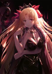  between_breasts black_cape black_dress blonde_hair blush breasts cape closed_mouth collarbone commentary_request dress earrings eien_no_juu_nana-sai ereshkigal_(fate) fate/grand_order fate_(series) female hair_ribbon hand_up highres infinity_symbol jewelry long_hair looking_at_viewer medium_breasts parted_bangs red_eyes red_ribbon ribbon skull smile solo spine strapless strapless_dress tiara two_side_up very_long_hair 