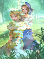  2girls absurdres blonde_hair blue_headwear blue_skirt bow braid brown_hair commentary_request day dress emily_dyer emily_dyer_(yesterday) emma_woods emma_woods_(boudoir_dream) gloves grass green_gloves hat head_wreath highres identity_v kneeling multiple_girls official_alternate_costume outdoors partial_commentary robveil sitting skirt tree white_bow 