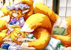  2girls animal_ear_fluff animal_ears blonde_hair blush fox_ears fox_girl fox_shadow_puppet fox_tail hat heart heart_tail_duo highres hugging_another&#039;s_tail hugging_tail indoors kazami_karasu kudamaki_tsukasa lap_pillow looking_at_viewer lying mob_cap multiple_girls multiple_tails nose_blush oerba_yun_fang on_side open_mouth romper shouji sitting sliding_doors smile tabard tail tatami touhou twitter_username white_romper yakumo_ran yellow_eyes yuri 