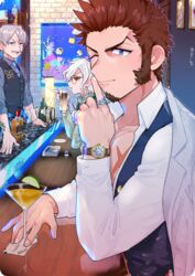  3boys bad_id bad_twitter_id blue_eyes cup drinking_glass edmond_dantes_(fate) facial_hair fate/grand_order fate_(series) finger_to_mouth formal glasses goatee grey_hair james_moriarty_(archer)_(fate) james_moriarty_(gray_collar)_(fate) jewelry large_pectorals long_hair long_sideburns long_sleeves looking_at_another male_focus moustache multiple_boys muscular muscular_male napoleon_bonaparte_(fate) open_mouth pectorals ring scar shitappa shushing sideburns sitting smile watch white_day 