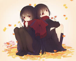  2girls :o autumn_leaves bangs banned_artist black_footwear black_hair black_legwear black_serafuku black_shirt black_skirt blush brown_background brown_legwear closed_mouth commentary_request dated eyebrows_visible_through_hair fringe_trim good_twins_day holding holding_leaf kneehighs knees_up kyara36 leaf loafers long_hair long_sleeves looking_at_viewer looking_back maple_leaf multiple_girls original pantyhose parted_lips pleated_skirt red_eyes red_scarf scarf school_uniform serafuku shirt shoes siblings sisters sitting skirt smile translation_request twins very_long_hair 