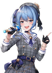  :d beret black_gloves blue_bow blue_eyes blue_hair blue_nails blush bow buttons commentary crown double-breasted dress female gloves grey_dress grey_hat hair_between_eyes hairbow hands_up hat highres holding holding_microphone hololive hoshimachi_suisei hoshimachi_suisei_(1st_costume) index_finger_raised long_sleeves medium_hair microphone nail_polish open_mouth partially_fingerless_gloves plaid plaid_dress plaid_headwear round_teeth side_ponytail sidelocks simple_background smile solo star_(symbol) star_in_eye striped striped_bow symbol_in_eye teeth upper_teeth_only virtual_youtuber white_background ym_(distance819) 