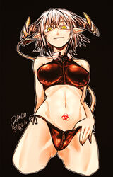  arm_behind_back ass_visible_through_thighs bare_arms bare_shoulders black_background blush breasts brown_panties commentary_request covered_nipples crop_top cropped_legs crotch_zipper dated demon_girl demon_horns demon_tail female fingernails highres horns kotoba_noriaki looking_at_viewer medium_breasts navel neck_ribbon original outline panties parted_lips pointy_ears pubic_tattoo ribbon short_hair side-tie_panties signature simple_background slit_pupils smile solo tail tattoo underwear white_hair white_outline wing_collar yellow_eyes zipper zipper_panties 