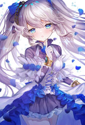  :o awakening_(sennen_sensou_aigis) black_dress blue_eyes blue_flower blue_rose blush breasts commentary dress female flower frilled_dress frills gloves grey_hair hair_between_eyes hair_flower hair_ornament hand_up head_tilt hi-na1 long_hair looking_at_viewer parted_lips petals pleated_dress rose sennen_sensou_aigis signature small_breasts solo sparkle sybilla twintails very_long_hair white_gloves 