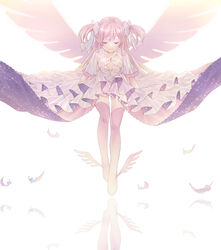  arms_at_sides breasts choker cleavage_cutout closed_eyes clothes_lift clothing_cutout collarbone commentary dot_nose dress eyelashes facing_viewer feathers female full_body hair_between_eyes hair_ribbon happy highres jitome kaname_madoka layered_dress layered_sleeves legs_together light_smile long_dress long_hair mahou_shoujo_madoka_magica mahou_shoujo_madoka_magica_(anime) pink_hair pink_theme pink_thighhighs pink_wings reflection reflective_floor ribbon riri_(ririwaldorf) sidelocks simple_background small_breasts solo sparkle straight_hair symbol-only_commentary thighhighs two_side_up ultimate_madoka white_background white_choker white_dress white_ribbon wide_sleeves winged_footwear wings zettai_ryouiki 