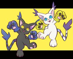  3_fingers 3_toes ambiguous_gender bandai_namco black_body black_fur black_nose blackgatomon blue_eyes claws clothing cute_fangs digimon digimon_(species) digital_media_(artwork) domestic_cat duo ear_tuft fangs feet felid feline felis feral fingers fur gatomon gloves handwear mammal markings nuitt pawpads paws pink_inner_ear pupils purple_markings slit_pupils tail tail_markings tail_tuft teeth toes tuft white_body white_fur yellow_eyes 