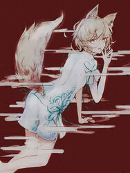  animal_ears arm_support bare_legs blonde_hair commentary feet_out_of_frame female fox_ears fox_girl fox_shadow_puppet fox_tail green_ribbons hand_up highres kudamaki_tsukasa looking_at_viewer looking_back oerba_yun_fang open_mouth red_background ribbon romper short_hair simple_background skin_fang smoke solo tail tonan_(l0l0l0l0l0l) tongue touhou white_romper yellow_eyes 