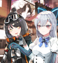  3girls absurdres armband black_bow black_gloves blue_bow blue_stripes blurry bob_cut bow bowtie braid brooch c-ms_(girls&#039;_frontline) caws_(girls&#039;_frontline) character_doll chinese_commentary city commentary_request depth_of_field elbow_gloves eyelashes eyeshadow german_flag girls&#039;_frontline gloves goggles goggles_on_head grey_hair hairbow highres hood hooded_jacket jacket jewelry long_hair longzi_(lez) makeup multiple_girls night open_mouth outdoors partially_fingerless_gloves red_eyes red_eyeshadow shopping ski_goggles smile striped_clothes striped_gloves tokarev_(girls&#039;_frontline) tsurime upper_body vertical-striped_clothes vertical-striped_gloves yellow_eyes 