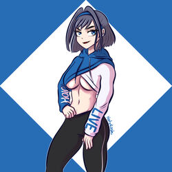  artist_name black_hair blue_eyes blue_hairband breasts clothes_pull commentary_request crop_top crop_top_overhang cropped_hoodie cropped_sweater edie_crop_hoodie eyelashes fangs female groin hairband hololive hololive_english holykoshi hood hoodie large_breasts meme_attire midriff navel ouro_kronii pants pants_pull pulling_own_clothes solo underboob virtual_youtuber yoga_pants 