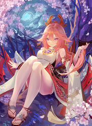  absurdres animal_ears anklet breasts feet female flower fox_ears full_body genshin_impact hair_ornament half-closed_eyes hand_in_own_hair highres ito_lab japanese_clothes jewelry legs looking_at_viewer medium_breasts nail_polish okobo parted_lips pink_hair pink_nails purple_eyes sandals smile solo thighs toenail_polish toenails toes wide_sleeves yae_miko 