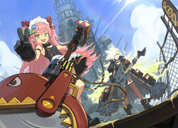  2girls :d absurdres alchemy_stars apron barbara_(alchemy_stars) black_coat black_dress black_gloves boots coat day dress dutch_angle electric_guitar gloves green_eyes guitar headdress highres holding holding_weapon instrument long_coat long_hair looking_at_viewer multiple_girls oerba_yun_fang open_mouth outdoors pink_hair regina_(alchemy_stars) romana shoes sleeveless sleeveless_dress smile standing two_side_up v waist_apron weapon 