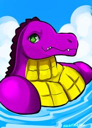  alligator alligatorid anthro bath belly cloud crocodilian green_eyes grin hi_res looking_at_viewer looking_pleasured male octariax purple_body reptile scalie sky smile solo water yellow_belly 