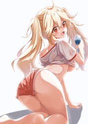  absurdres alternate_costume ass azur_lane blonde_hair bluecher_(azur_lane) bottle breasts female full_body gym_shirt gym_uniform heart heart-shaped_pupils highres looking_at_viewer open_mouth panties panties_under_shorts qian_hen red_eyes red_shorts shirt short_sleeves shorts solo sweat sweaty_clothes symbol-shaped_pupils twintails underwear white_background 