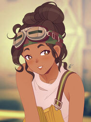  brown_eyes brown_hair collarbone commentary_request dark-skinned_female dark_skin female goggles hair_bun hairband highres louis_lloyd-judson open_mouth overalls parvati_holcomb shirt single_hair_bun smile solo strap tank_top the_outer_worlds upper_body white_shirt 