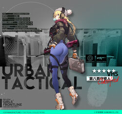  ass assault_rifle beanie blonde_hair blowing_bubbles blue_eyes blue_leggings bodysuit bodysuit_under_clothes boots braid briefcase bullpup chewing_gum dimples_of_venus female from_behind full_body gebijiade_89 girls&#039;_frontline gloves gun hand_on_own_hip hat headphones headphones_over_headwear holster jacket leggings long_hair looking_back official_alternate_costume official_art orange_gloves promotional_art rifle single_braid solo standing thigh_holster vest vhs-d2 vhs_(girls&#039;_frontline) vhs_(keeper_on_page_8)_(girls&#039;_frontline) weapon 