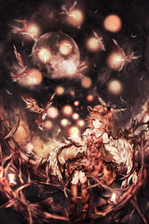  bird bird_wings blunt_bangs boots branch brown_eyes brown_footwear brown_hair brown_headwear brown_skirt brown_vest candle closed_mouth collared_shirt commentary feathered_wings feathers female fireflies full_body full_moon hand_up highres lantern long_sleeves looking_at_object moon mystia_lorelei night shirt short_hair skirt skirt_set smile solo tonan_(l0l0l0l0l0l) touhou vest white_shirt winged_hat wings 