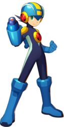  1boy android arm_cannon black_hair blue_bodysuit blue_footwear blue_gloves bodysuit boots full_body gloves green_eyes helmet highres logo male_focus mega_man_(series) mega_man_battle_network_(series) mega_man_x_(series) mega_man_x_dive megaman.exe mizuno_keisuke netnavi official_art robot smile solo standing third-party_source transparent_background weapon 