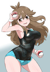  absurdres armpits blue_shorts blush breasts brown_hair commentary_request female green_(pokemon) highres holding holding_poke_ball korean_commentary large_breasts long_hair moto_toshi pleated_skirt poke_ball poke_ball_(basic) pokemon pokemon_lgpe shirt shorts sidelocks skirt sleeveless sleeveless_shirt solo vs_seeker 