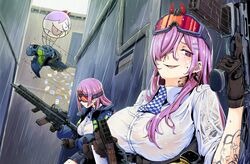  2girls arm_tattoo ascot assault_rifle black_gloves blue_jacket breasts card checkered_ascot checkered_clothes commission dual_persona earrings eyewear_on_head girls&#039;_frontline gloves gun hair_ornament hair_over_one_eye hairclip heart heart_earrings highres holding holding_gun holding_weapon jacket jewelry large_breasts long_hair looking_at_viewer magazine_(weapon) multiple_girls neck_tattoo pink_eyes pink_hair rifle safety_glasses see-through shirt sig_mcx sig_mcx_(girls&#039;_frontline) sig_sauer skeb_commission tarutaru_gungun tattoo trigger_discipline unworn_jacket weapon wet wet_clothes wet_shirt 