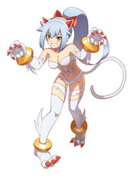  animal_ears animal_hands ashe_(mega_man) bare_shoulders blue_hair blush body_blush body_fur bow bracelet breasts capcom cat_ears cat_girl cat_paws cat_tail claw_pose claws cleavage commentary commission company_connection cosplay english_commentary fake_animal_ears fake_tail felicia_(vampire) felicia_(vampire)_(cosplay) female full_body green_eyes grin hairbow highres jewelry long_hair looking_at_viewer medium_breasts mega_man_(series) mega_man_zx mega_man_zx_advent mixed-language_commentary navel ponytail red_bow revealing_clothes shoutaro_saito sidelocks simple_background smile solo standing tail teeth thighhighs vampire_(game) white_background white_fur white_thighhighs 