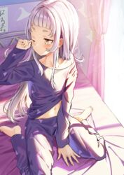  alternate_costume athenawyrm bed belly blunt_bangs blush collarbone female grey_hair highres hololive long_hair long_sleeves murasaki_shion one_eye_closed pajamas sitting solo virtual_youtuber waking_up yellow_eyes 